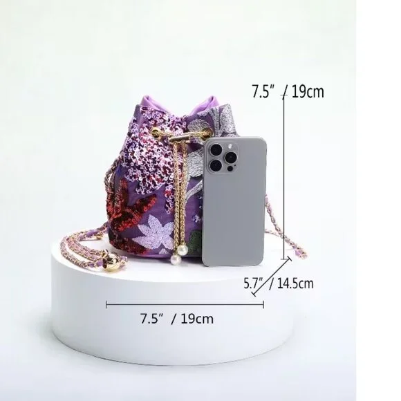 Floral Sequin Bucket Bag Gold Chain Bird Motif Crossbody - Picture 9 of 9